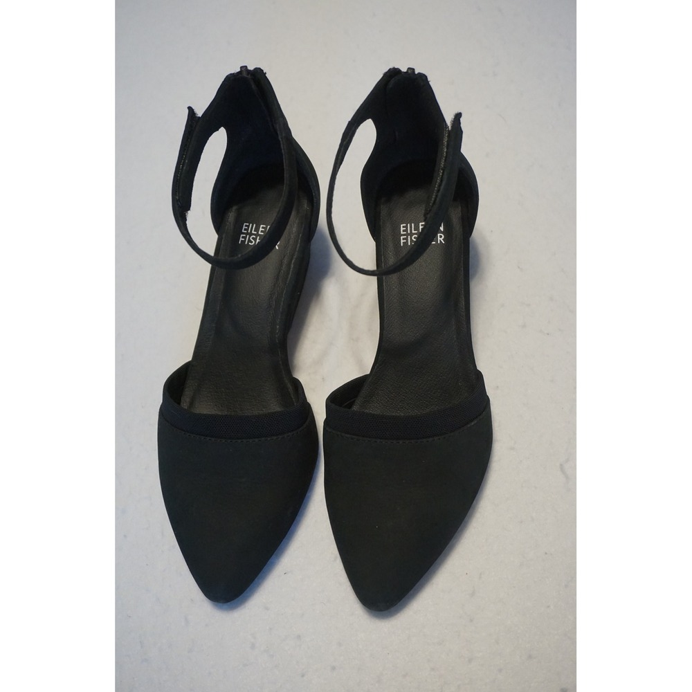 Eileen Fisher‎ Black Pointed Toe Ankle Strap Wedge Pumps Size 6.5